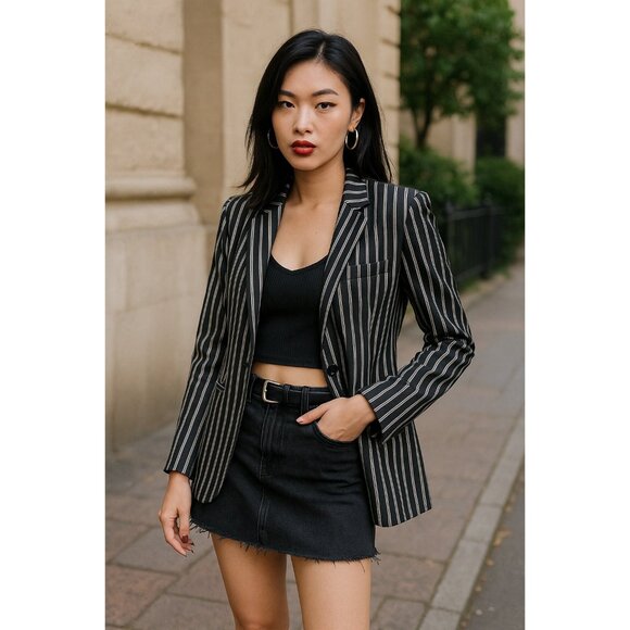 Bloomingdale's 6 Striped Collared One Button Blazer Black White Jacket - Picture 16 of 16